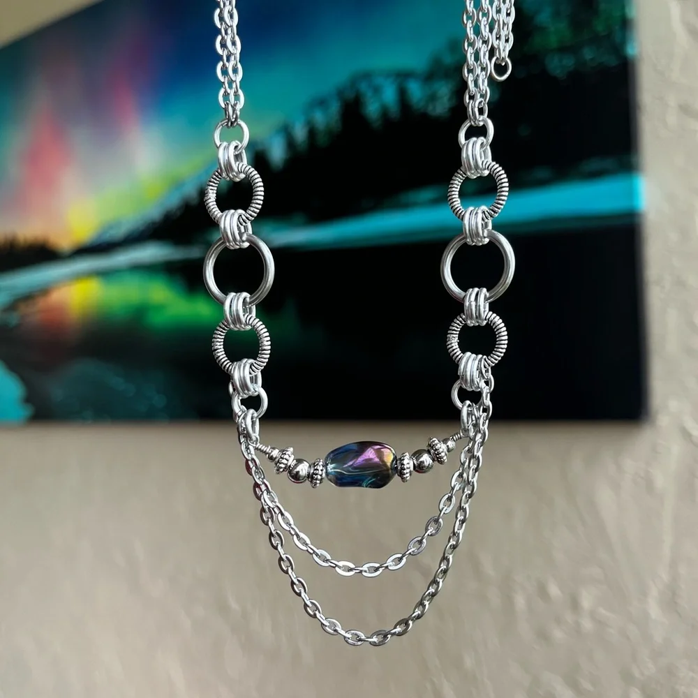 Handmade maille choker necklace blue purple aura crystal stainless steel chain - Picture 13 of 14
